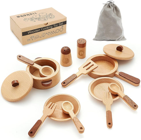 WHOHOLL Wooden Toys Play Kitchen Accessories - Montessori Toys for Toddlers, Play Dishes & Food Playset for Kids