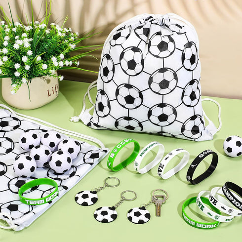 48 Pcs Soccer Party Favors Supplies, 12 Soccer Silicone Bracelets, 12 Drawstring Treat Bags, 12 Mini Stress Balls, 12