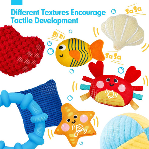 0-6 4 hahaland Baby Toys Months - Car Seat Toys Octopus Toy with Pulling Cords, Squeaky, Crinkle, Rattle, Mirror