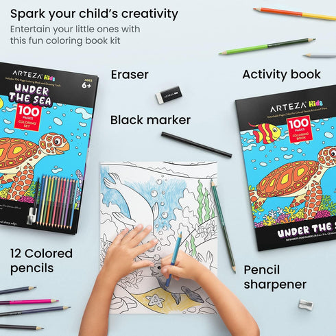 Arteza Kids Coloring Book and Pencils Kit, 8.5x11 Inches, Sea Creature Illustrations, 50 Double-Sided Coloring Sheets, 100-lb Paper, 12 Double-Ended Colored Pencils in 24 Colors, Art Supplies for Kids