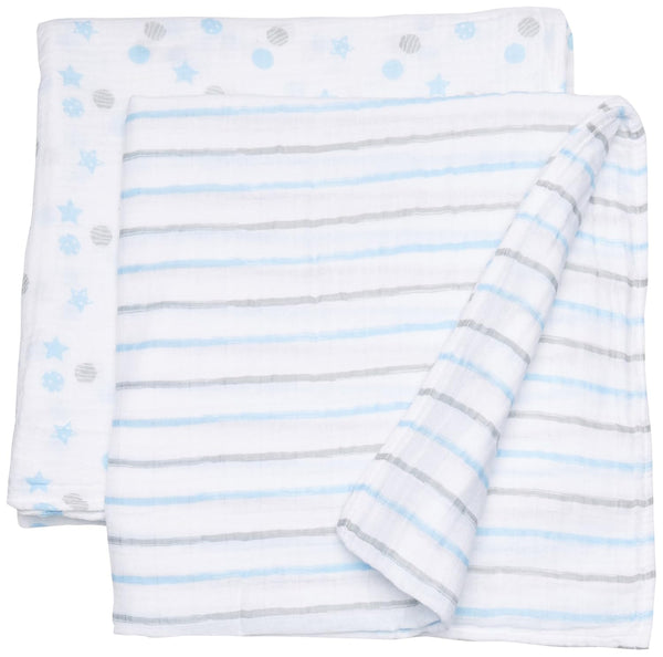 lulujo Baby Muslin Swaddling Blankets and Stroller Clips Baby Set, Blue