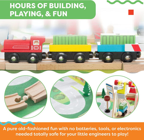 Set 75-Pieces Wooden Train with Play Mat for Kids - Including Deluxe Wood Tracks, Trains, Cars, Boats, and Accessories