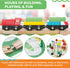 Set 75-Pieces Wooden Train with Play Mat for Kids - Including Deluxe Wood Tracks, Trains, Cars, Boats, and Accessories