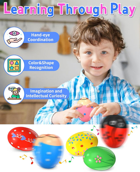 6 Pack Wooden Percussion Musical Shake Eggs with Toys Inside, Montessori Easter Basket Stuffers for Kids Boys Girls