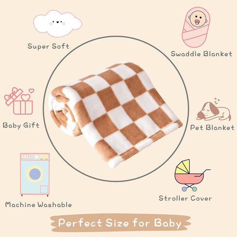 Checkered Baby Blanket, Fleece Baby Blankets, 30''x40'', Khaki, for Boys Girls