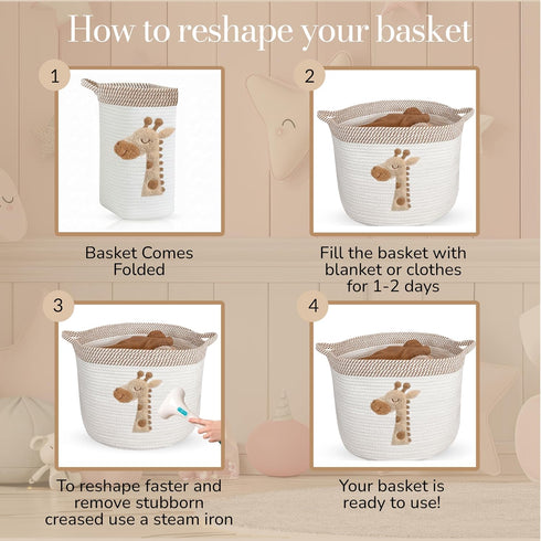 15x11 Giraffe Storage Basket for Nursery Large Cotton Rope Bin with Soft Felt Animal Patch Toy Organizer, Baby Laundry