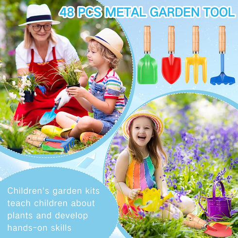 Motionchic 8" Gardening(48 Kids Gardening Tools, Metal Beach Sandbox Digging Toys with Wooden Handle, Including Shovel