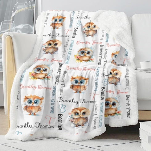 Novusopt Customized Owl Baby Blanket with Name Sherpa Blanket Personalized Owl Nursery Baby Blankets for Boys Girls