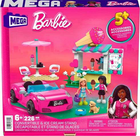 Mega Barbie Car Building Toys Playset, Pink Convertible & Ice Cream Stand with 225 Pieces, 2 Micro-Dolls
