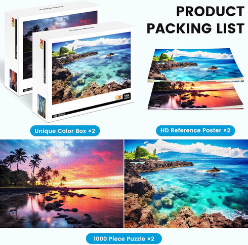 2 Pack 1000 2000 Piece Puzzles for Adults - Beach, Coconut Tree, Reef Landscape Jigsaw Puzzles - Pieces Total