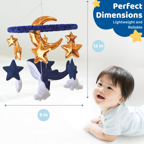 Whale Hanging Mobile - Nautical Stars and Moon Nursery Mobile for Boys - Felt Whale Gold Stars - Navy Blue Nursery