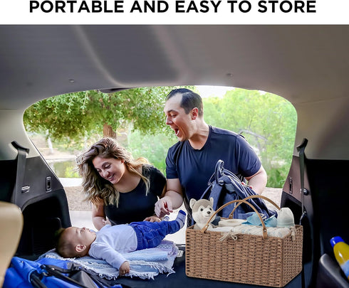 HBlife Baby Diaper Caddy Organizer, Paper Rope Storage Baskets Nursery Bin with Removable Divider, Portable Car