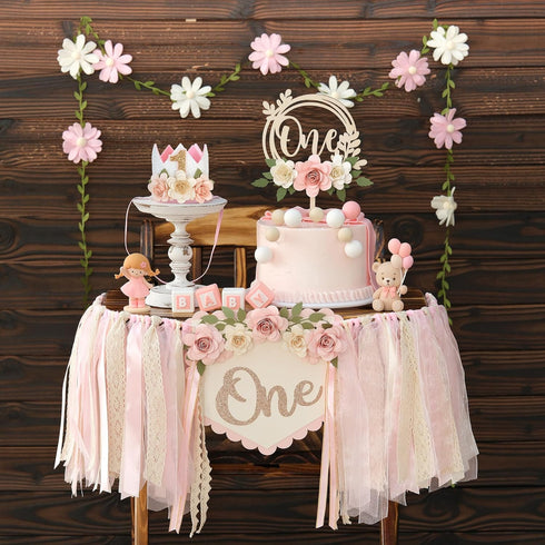 Wildflower 1st High Chair Banner Birthday Decorations For Girl Pink Flower Cake