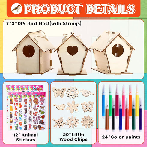 107 21 24 50 12 Tuanse Pcs Wooden Birdhouse DIY Kits Includes Unfinished Wood Mini Bird House Watercolor Pen Bird