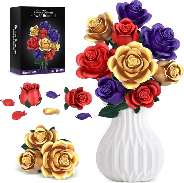 QIFUN Rose Bouquet Flowers Building Set, 501Pcs Red Purple Golden Roses Artificial Flowers