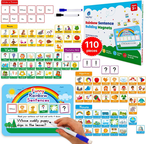 110 PCS Sentence Building Kit for Kids, Speech Therapy Toys, Word Building Magnets, Reading Games for Toddlers
