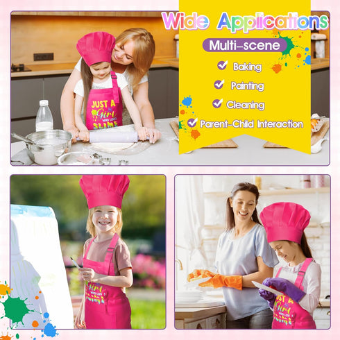 2Pcs Set, R HORSE Kid Apron and Chef Hat Adjustable Children Pink Kitchen Toddler Apron for Girl Who Loves Slime, Dress
