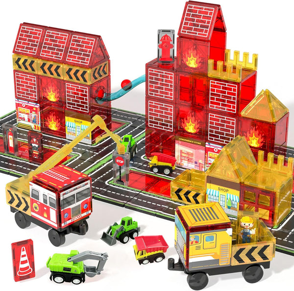 Magnetic Tiles for Kids, 56PCS Construction Magnet Tiles with Fire Truck Station,