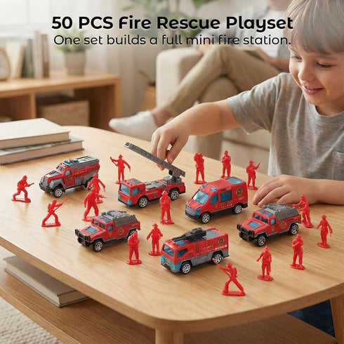 50PCS Set, 6PCS 44PCS 3 LovesTown Fire Truck Toy Die-cast Small Rescue Emergency Vehicles Red Fire Trucks Firemen Toy