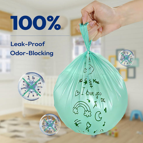 120 Count (8 Disposable Diaper Bags with Handles Rolls), Leak-Proof Diaper Trash Bags & Sacks or Pet Waste Bag, Ocean
