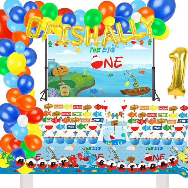 155 Pcs O Fish Ally 1 Birthday Party Decorations, Gone Fishing Balloon Garland Kit, and Cake Cupcake Topper