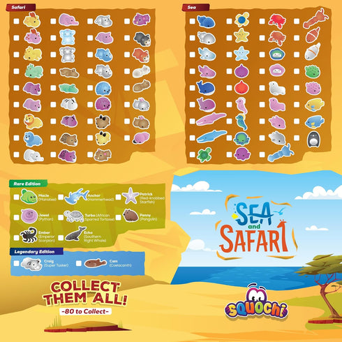 50pcs Sea & Safari Squishy Toys Collectible Mochi Fidget Toys in Blind Bags | Sea & Land Animal Shapes | Storage Tote