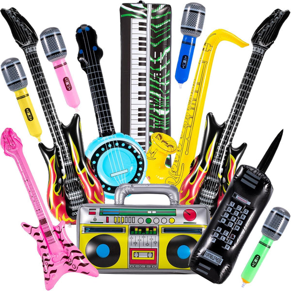 12 Pcs Inflatable Instruments, Rock Star Toy Set with Inflatable Guitar, Saxophone, Microphones for 80s 90s Party
