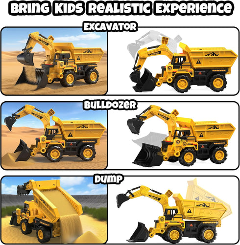 DWIRCTOYS 2-in-1 Playset 10 3-8, Construction Toy Truck with Race Track Launcher, Storage Dump Truck and Excavator