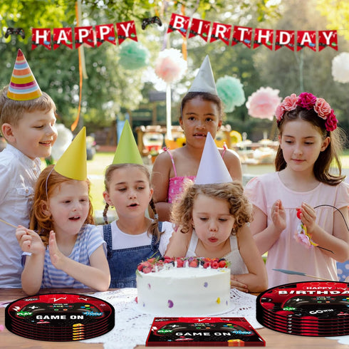 Gamer Theme Party Kit for 24 Guests - 97 Pcs Including Plates, Forks, Napkins, Bunting for Epic Gaming Decor