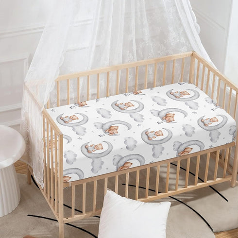 QINBEIDU 28"x52" Teddy Bears Fitted Crib Sheet Watercolor Moon Star Clouds Standard Crib Mattress Fitted Sheet Grey