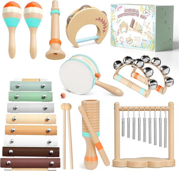 Miljgte Wooden Musical Instruments for Toddlers 1-3, Montessori Percussion Set with Xylophone, Natural