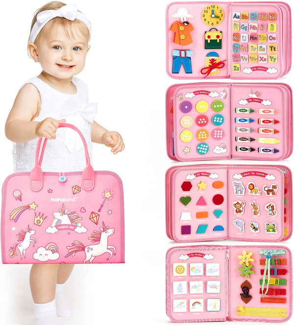 hahaland Busy Board - Montessori Toys for 2 Year Old Girl | Birthday Gift with Life Skills, ABC, 123, Shapes, Colors