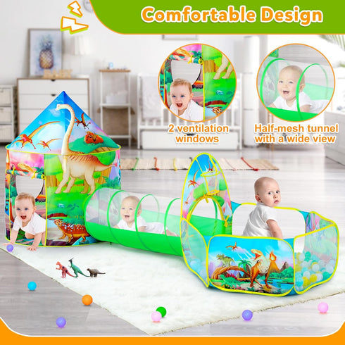 3pc Dinosaur Play Tent for Boys - Ball Pit, Crawl Tunnel, Play Tents for Toddlers, Indoor & Outdoor Play House Toys