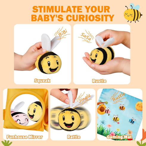 Sortnic 6-12 4 0-3 Baby Toys Months, Soft Beehive with Sensory Bees, Map Pad, Rattle, Crinkle Paper, Squeaker, Mirror
