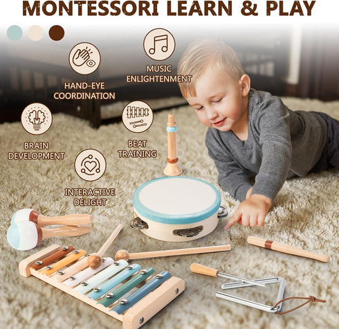 Set 3+ Baby Musical Instruments | Montessori Wooden Toys for Toddlers, Neutral Color Percussion Instruments