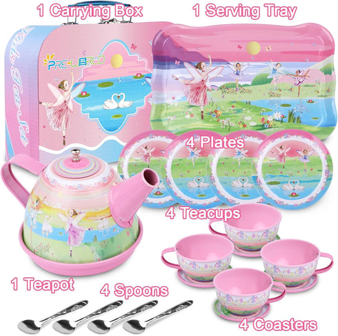 Set 50PCS 3-6 Tea for Little Girls,PRE-WORLD Princess Tea Party Time Toy Including Dessert,Cookies,Doughnut,Teapot Tray