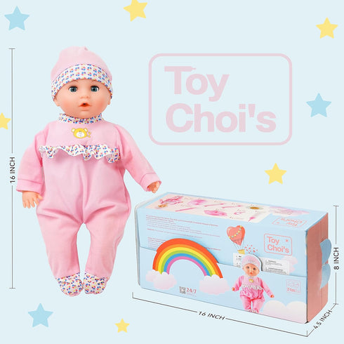 Toy Choi's 16 Inch Interactive Baby Doll, Pink - Talking Feeding Doll with Sounds and Accessories