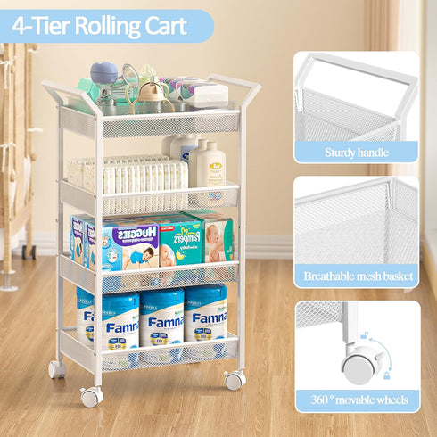 3IngSeagulls 4-Tier Baby Diaper Caddy Cart, Diaper Caddy Organizer and Storage, Rolling Utility Cart for Baby Supplies