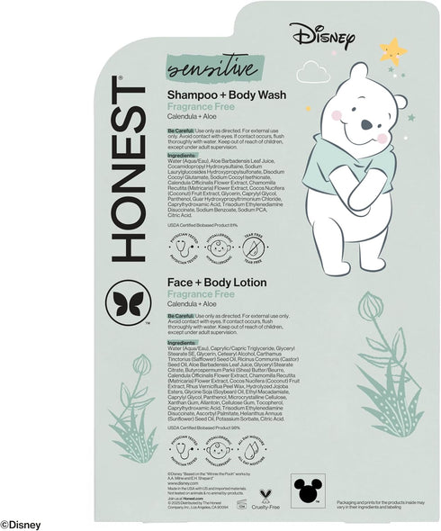 2-in-1 18.5 oz The Honest Company Cleansing Shampoo and Body Wash, Face Lotion Bundle, Disney Design, Gentle for Baby