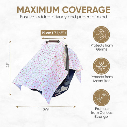 MOZAH 100% Baby Car Seat Cover - Pink Floral Leaves - Organic Muslin - Soft, Breathable and Lightweight, Baby Infant
