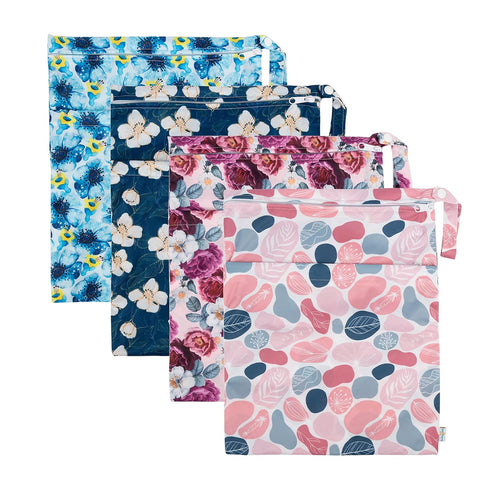 4 Pack, 4LN14 babygoal Wet Dry Bags for Baby Cloth Diapers, Washable Travel Bags, Beach, Pool, Gym Bag for Swimsuits