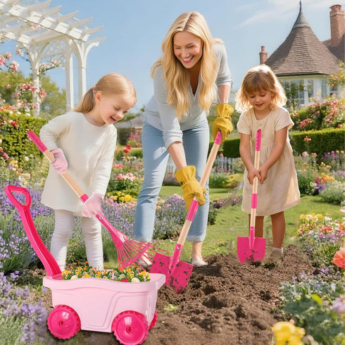 Set Wheelbarrow Set Summer 2 3+ Kids Gardening Tools Outdoor Toys - Backyard Play for Kids with Shovel, Rake, Leaf