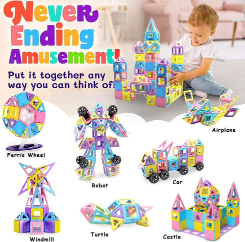 124PCS Magnetic Blocks Toys – Macaron Castle Magnetic Tiles Building Blocks Set for 3-7 Year Olds, STEM Educational