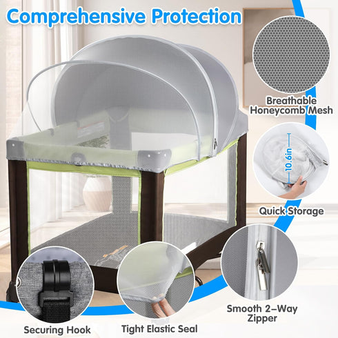 WANRU Pack N Play Tent Cover - Light-Blocking Mosquito Net with Two-Way Zipper Portable Bassinet Canopy to Keep Cats