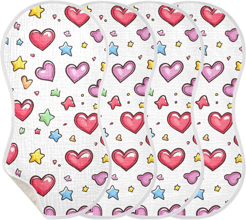 Set 1, Hearts and Stars Muslin Baby Burp Cloths of Super Soft & Absorbent Burping Rags, Cotton Burp Clothes Shower Gift
