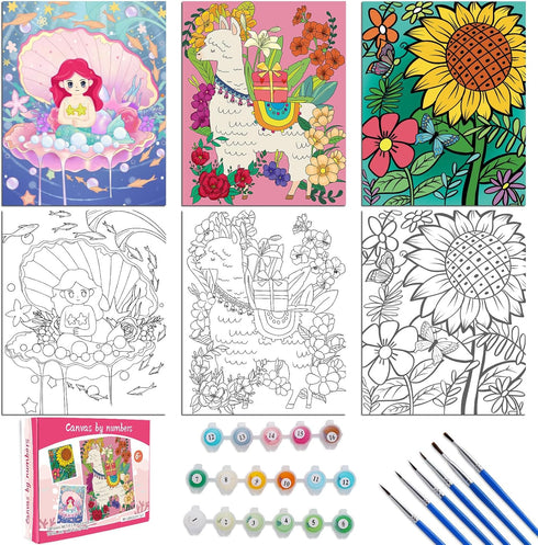 Pack Paint by Numbers Kit for Kids | 10*8" Color by Numbers for Kids Framed Canvas with 17 Acrylic Paint Pots and
