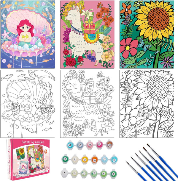 Pack Paint by Numbers Kit for Kids | 10*8" Color by Numbers for Kids Framed Canvas with 17 Acrylic Paint Pots and