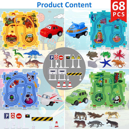 VESPRO 4 Set, 68PCS Set, 3+ Series Toddler Car Track Kids Car Track Play Educational Puzzle Toys for Kids Ages Boys