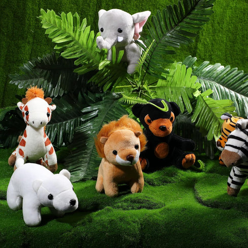 7 Pieces Jungle Stuffed Animal Set: Plush Giraffe, Tiger, Lion, Bear, Elephant, Zebra - 4.72 Inches for Parties & Awards