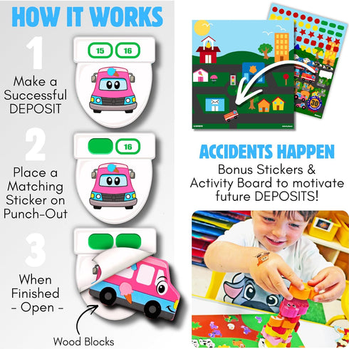 14PC 18M+ Potty Training Reward System - Wooden Stacking Blocks with Car and Truck Themed, Montessori Behavior System
